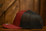 On A Limb Trucker Hat - Leather Patch w Logo - Maroon + Black