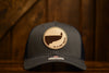 On A Limb Trucker Hat - Leather Patch w Logo - Dark Grey + Navy