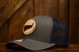 On A Limb Trucker Hat - Leather Patch w Logo - Dark Grey + Navy