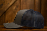 On A Limb Trucker Hat - Leather Patch w Logo - Dark Grey + Navy