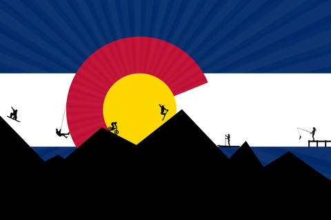 A design that incorporates the Colorado flag, mountain peaks, and silhouettes of athletes