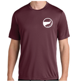 Product mockup of the new maroon On A Limb apparel t shirt with the logo on the left chest